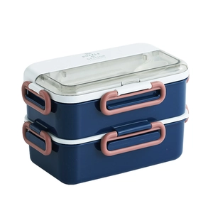Double-layer navy blue stainless steel lunch box with white lid and portable handle