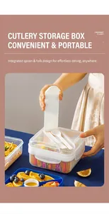 Close-up of portable white bento box with built-in cutlery storage and utensils