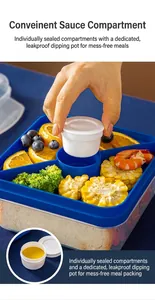 Detail of partitioned lunch box with a central dip container and leakproof seal