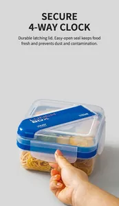 Detail of 1100ml clear lunch box with blue seal and side buckles showing healthy meal