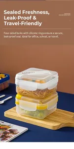 Detail of stacked 1100ml bento lunch boxes with leakproof silicone seals and snap lids