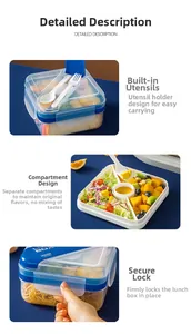 Detail view of the modular compartments, included cutlery, and secure locking lid