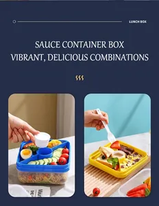 Detail of multi-compartment lunch box with sauce container for dry and wet separation