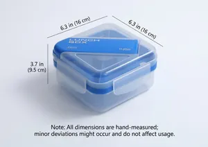 Blue 1100ml lunch box detail with dimensions 16x16x9.5cm and dual-buckle sealing