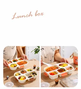 Detail of five-compartment plastic lunch box with secure orange and brown sealing clips