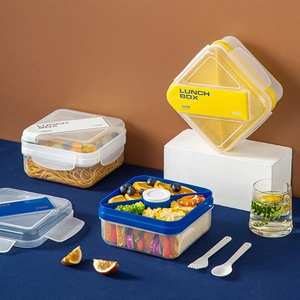 Portable Bento Lunch Box Compartmentalized Microwave Safe Plastic Food Container With Cutlery And Sauce Cup Leakproof Office School