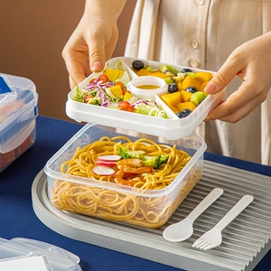 Portable bento box with three compartments and sauce container for healthy salad and fruit