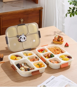 Detailed view of a 5-compartment panda bento lunch box filled with healthy meals