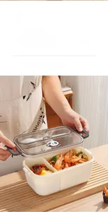 Detail of multi-compartment lunch box with utensils tray and fresh food inside