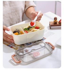 Detail of partitioned plastic lunch box with cute bear pattern and portable cutlery