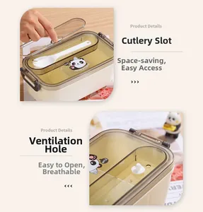 Detail view of the panda bento box lid with a built-in cutlery slot and air vent