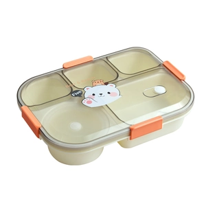 5-compartment portable plastic lunch box with cartoon bear and beaver design