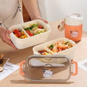 Cute Cartoon Bear Portable Lunch Box With Cutlery Compartment Microwaveable Bento Box For Students Office Adults Meal Prep