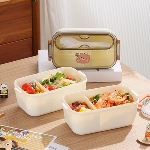 Microwaveable bear-themed divided lunch box with transparent lid and plastic spoon
