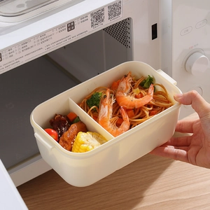 Microwaveable two-compartment lunch box with bear motif in minimalist cream white