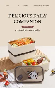 Detail of the stackable 304 stainless steel lunch box with panda cartoon transparent lid