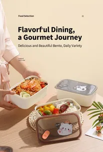 Detail of multi-compartment 304 stainless steel lunch box with cute cartoon lids