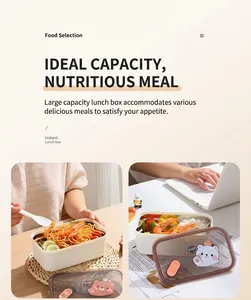 Detail of double-layer stainless steel lunch box with cute bear illustration lid