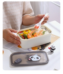 Detail showing 304 stainless steel lunch box interior with cartoon panda lid and spoon