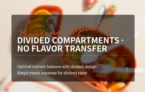 Close-up of divided lunch box with pasta and fruit compartments and plastic cutlery