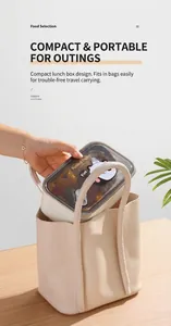 Detail showing a person putting the panda lunch box into a stylish beige handbag