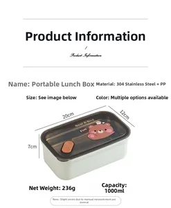 Detailed size specifications for 1000ml stainless steel lunch box with dimensions