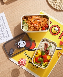 Detailed view of dual 304 stainless steel lunch boxes with cute panda cartoon lids