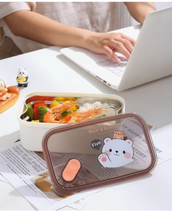 Detail of partitioned 304 stainless steel lunch box with cute bear illustration lid