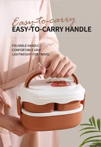 Close-up of double-layer lunch box featuring a folding handle and cute bear patterns