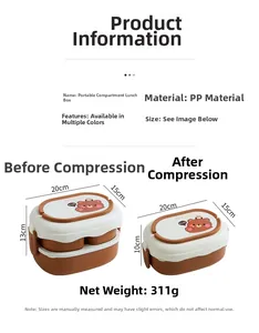 Size chart showing dimensions and weight of the double layer bear pattern lunch box