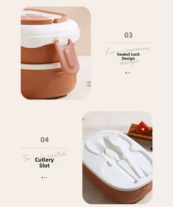 Detail view of double-layer bento box with built-in cutlery storage and sealing buckle