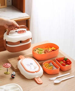 Close-up of double-layer bear lunch box with interior compartments and side buckle detail