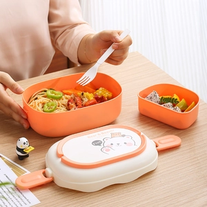 Double-layer orange bear bento lunch box with cute illustrations and handle
