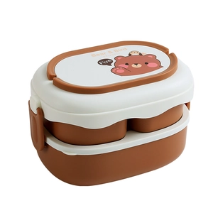 Double-layer bento box with cute bear and bird prints for students and adults