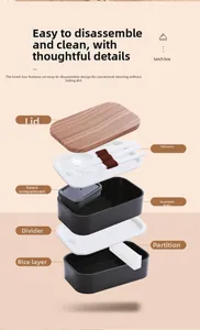 Exploded view of a double-layer lunch box showing wood-style lid and modular compartments