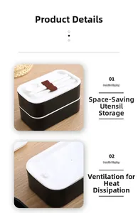 Detailed view of dual-layer lunch box with cutlery storage and silicone air vent