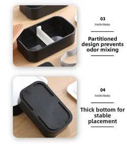 Close-up of dual-layer lunch box with wood texture lid and internal divider detail