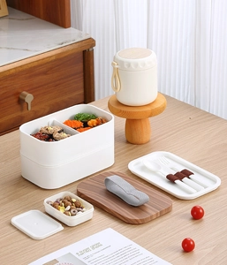 Modern double-layer lunch box set with wood grain lid and matching insulated soup jar