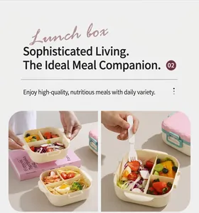 Boîte à lunch beige à 3 compartiments pour séparer pâtes et salades avec anses de transport
