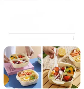 Three-compartment beige lunch box showing pasta and salad storage with portable handles