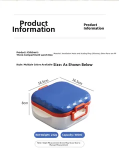Detailed 900ml bento box layout with three compartments and PP material specifications