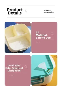 Detail of 3-compartment bento box showing PP material safety and lid air vent hole