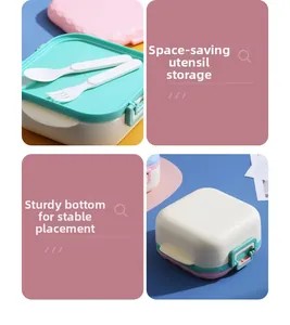 Detail view of bento box lid with built-in cutlery storage and thick stable base