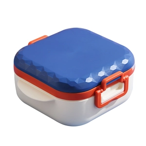 Portable bento box with blue diamond-cut lid and orange buckles for school or work lunches
