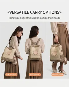 Three-way carry style of beige monogram backpack for single shoulder, double or hand use