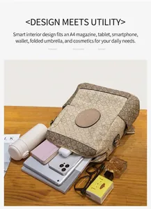 Flat lay of retro beige backpack showing large capacity for tablet, phone, and daily essentials