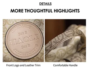 Close-up of beige jacquard fabric with embossed leather logo and comfortable handle