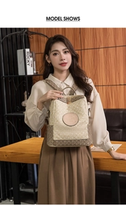 Lifestyle shot of woman wearing the two-tone vintage backpack with leather texture