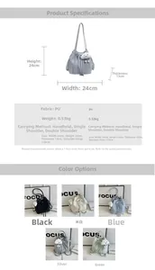 Detailed size specifications and material chart for the mint green pleated bucket bag