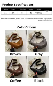 Detailed chart showing PU leather crescent bag dimensions and four available colors